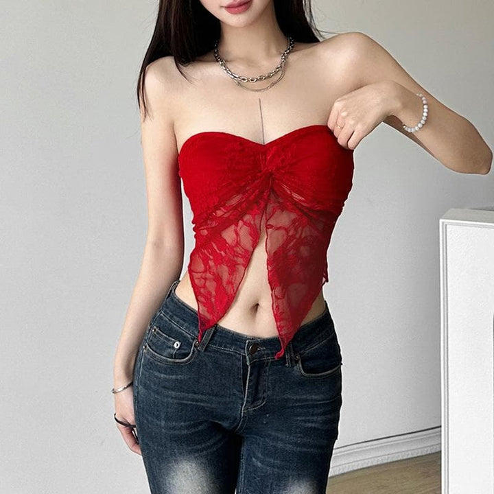 Lace ruched slit ruffle solid tube top  | Festival Outfits Women