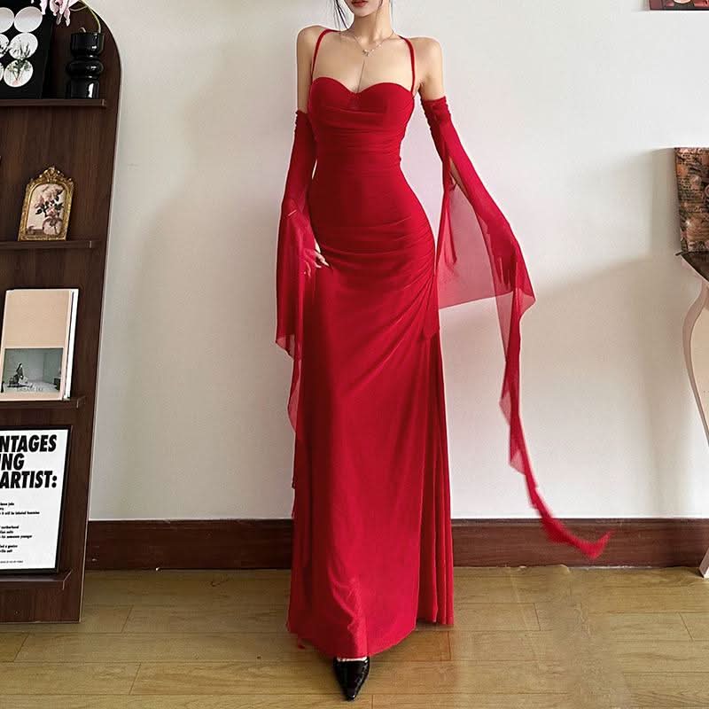 Cross back ruched gloves mesh cami maxi dress  | Festival Outfits Women