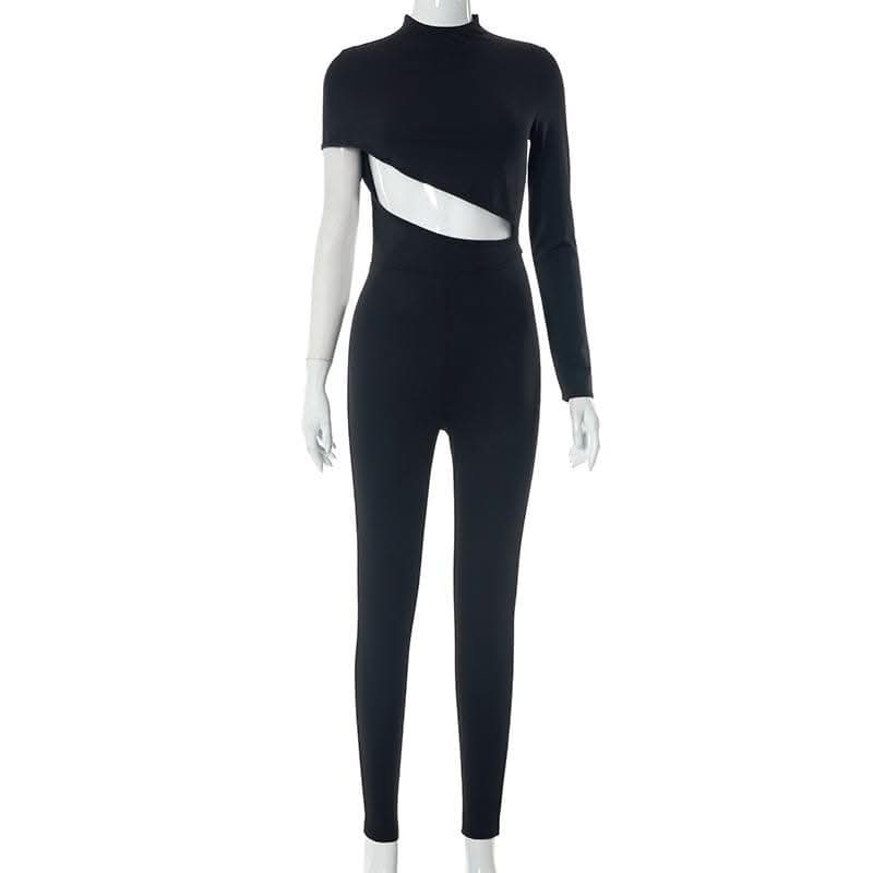 Hollow out irregular long sleeve high neck solid jumpsuit-final-sale  | Festival Outfits Women