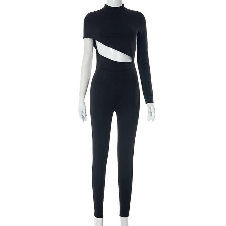 Hollow out irregular long sleeve high neck solid jumpsuit-final-sale  | Festival Outfits Women