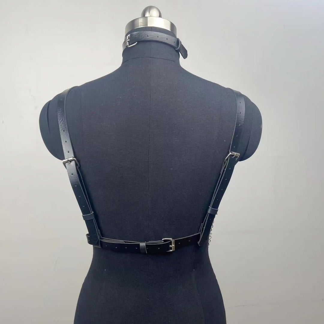 O ring halter PU leather metal chain harness top  | Festival Outfits Women