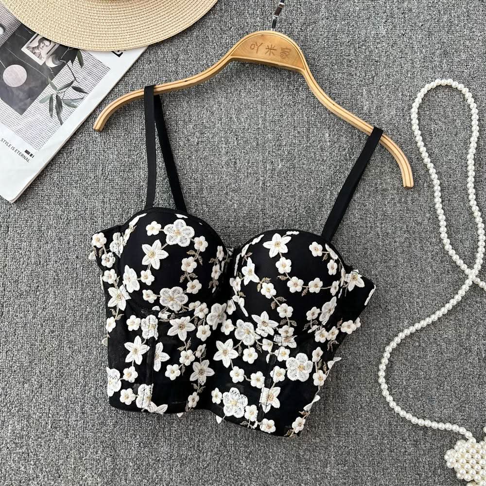 Embroidery padded bustier flower applique cami top  | Festival Outfits Women
