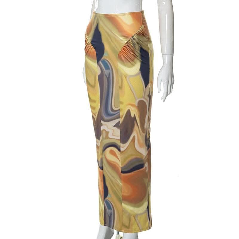 Contrast ruched abstract print midi skirt-final-sale  | Festival Outfits Women