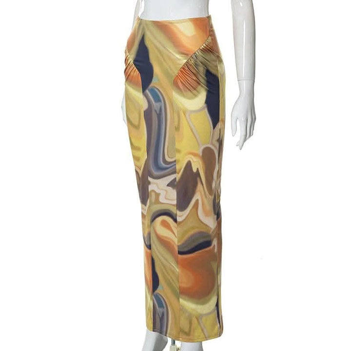 Contrast ruched abstract print midi skirt-final-sale  | Festival Outfits Women
