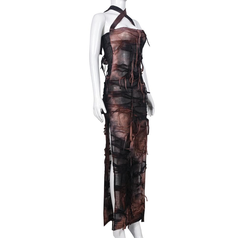 Halter tie dye high slit cross front maxi dress  | Festival Outfits Women