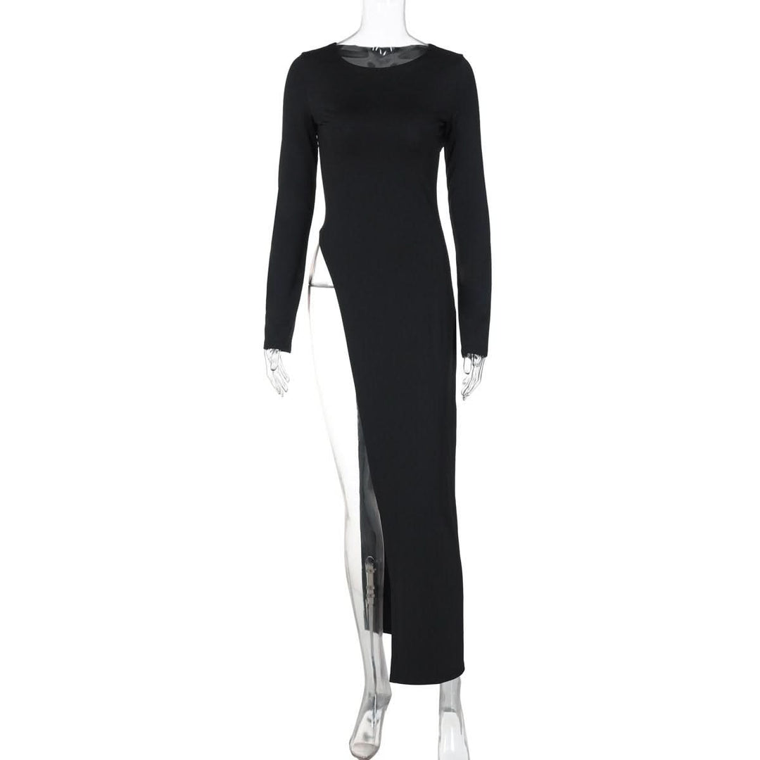 Long sleeve round neck slit solid maxi dress  | Festival Outfits Women