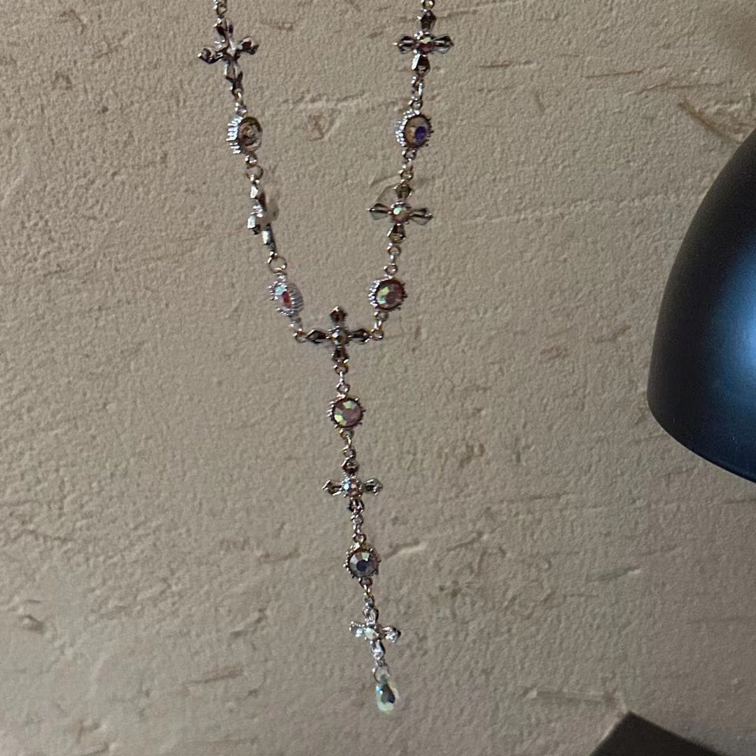 Cross pendant rhinestone metal chain choker necklace  | Festival Outfits Women