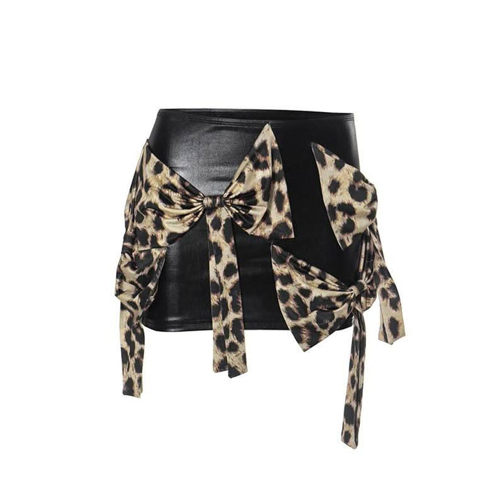 Leopard print bowknot PU leather contrast mini skirt Cargo Mini Skirt  | Festival Outfits Women  | Leopard Print Mini Dress