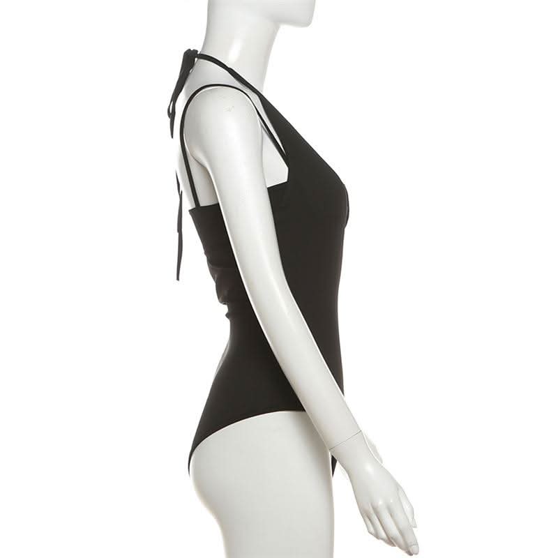Halter v neck hollow out 2 piece cami bodysuit-final-sale