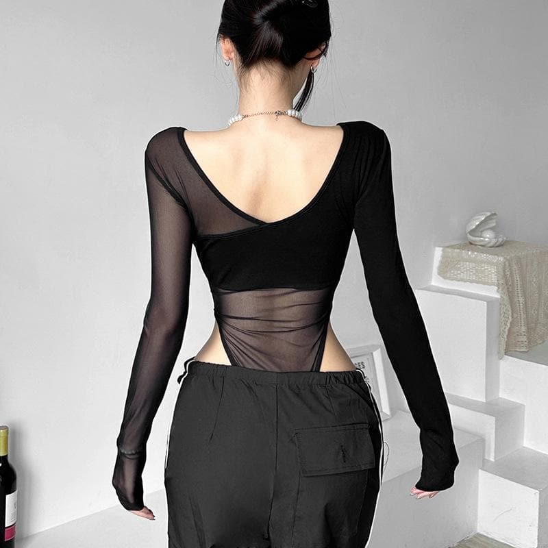 Long sleeve mesh metal tag patchwork bodysuit  | Festival Outfits Women