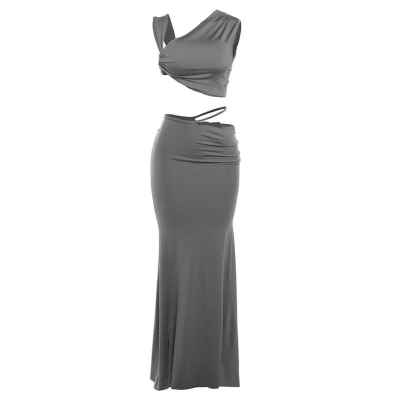 Ruched irregular solid crop maxi skirt set-final-sale  | Festival Outfits Women