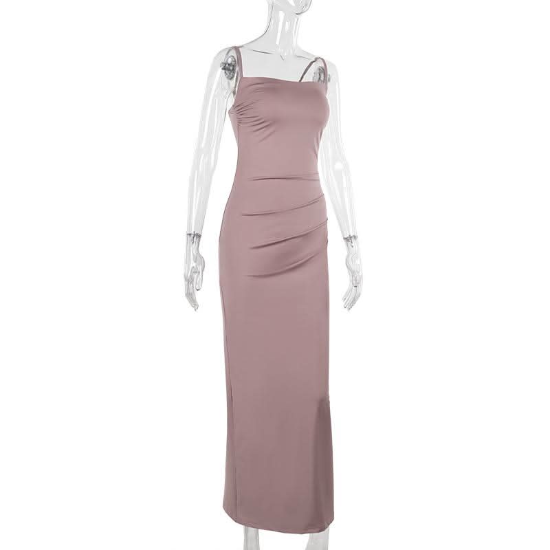 Ruched slit square neck solid cami maxi dress  | Festival Outfits Women