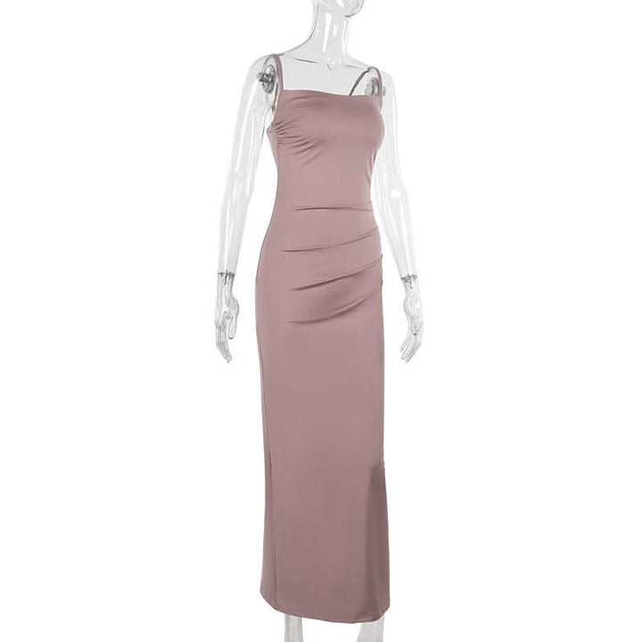 Ruched slit square neck solid cami maxi dress  | Festival Outfits Women