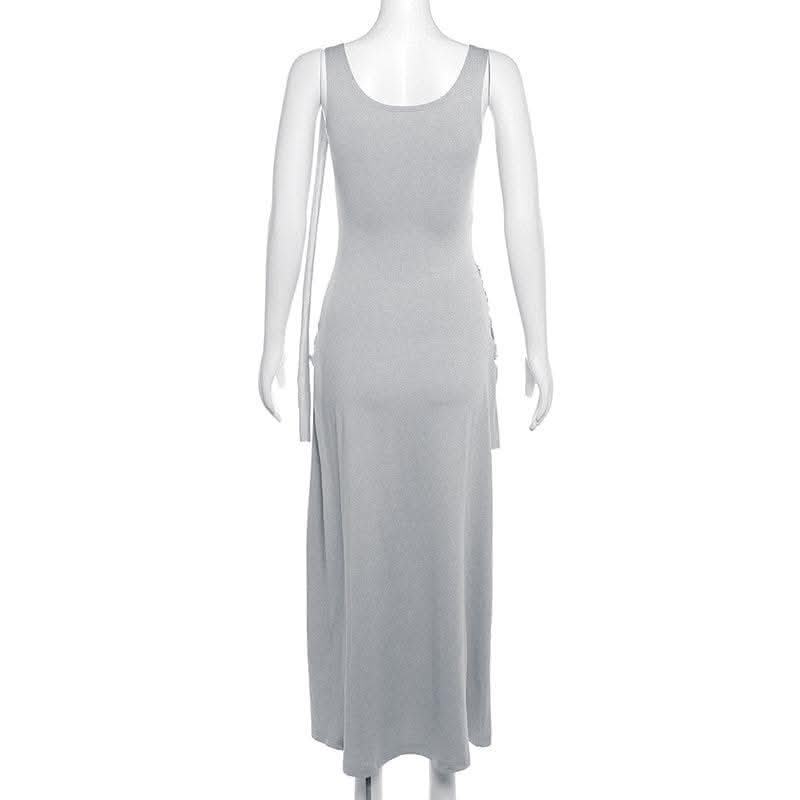 Ruched solid sleeveless u neck irregular midi dress-final-sale  | Festival Outfits Women