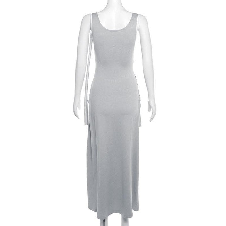 Ruched solid sleeveless u neck irregular midi dress-final-sale  | Festival Outfits Women
