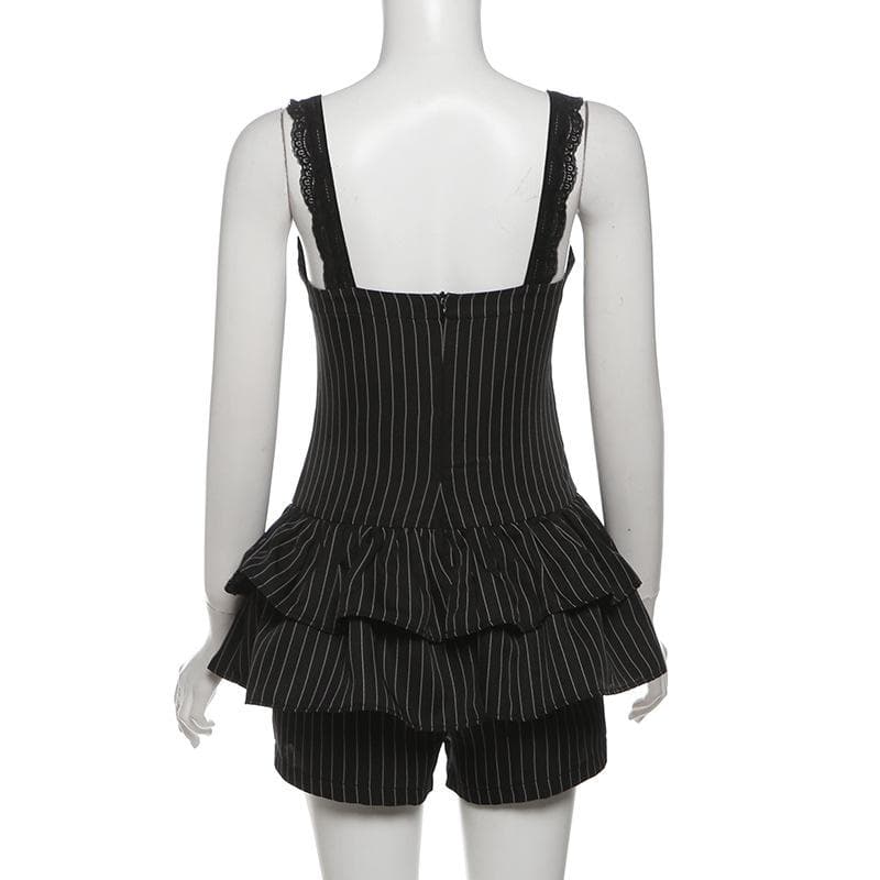 Lace hem striped button ruched cami romper-final-sale