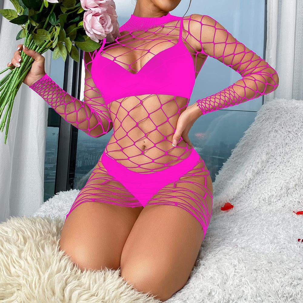 Long sleeve high neck fishnet hollow out lingerie set  | Festival Outfits Women