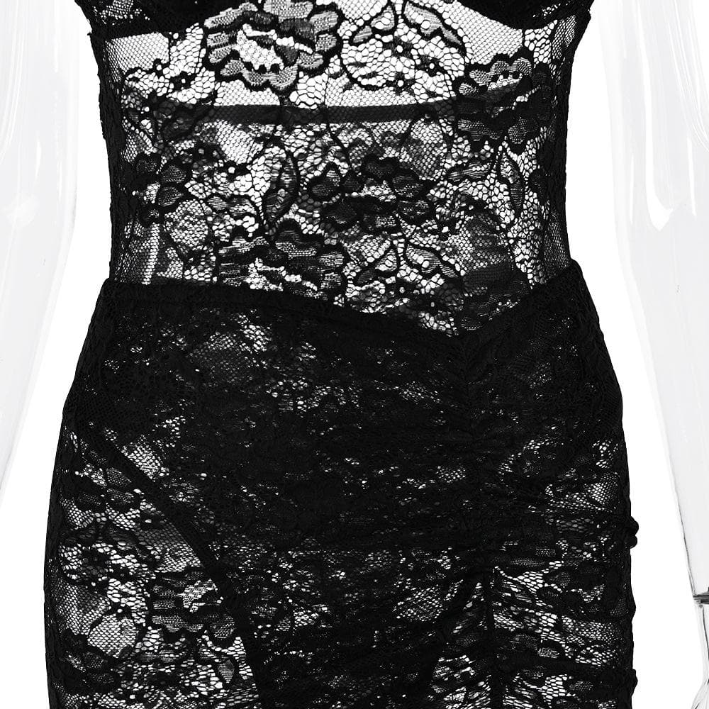 Off shoulder lace backless see through maxi skirt set  | Festival Outfits Women