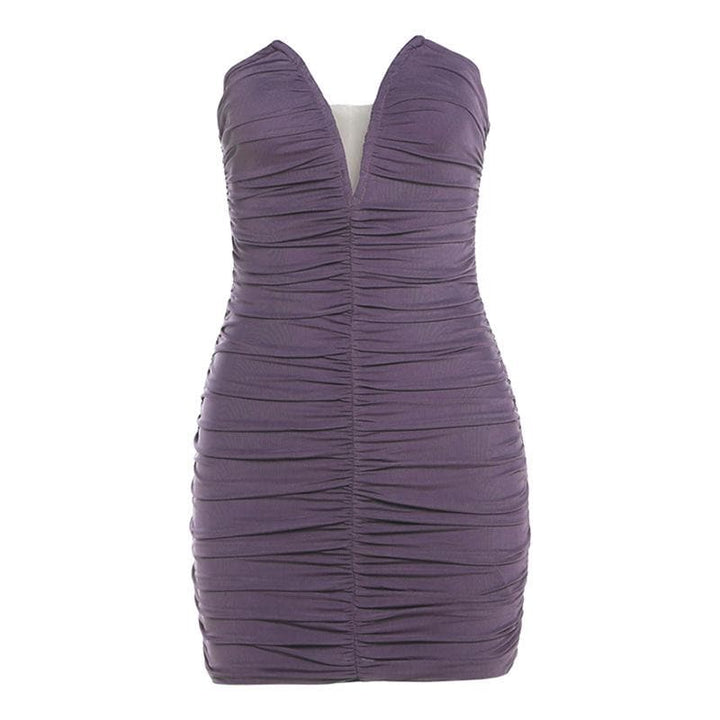 V neck ruched solid mesh tube mini dress  | Festival Outfits Women