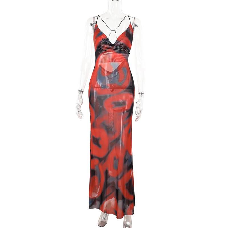 Cowl neck sheer mesh print spaghetti strap maxi dress  | Festival Outfits Women