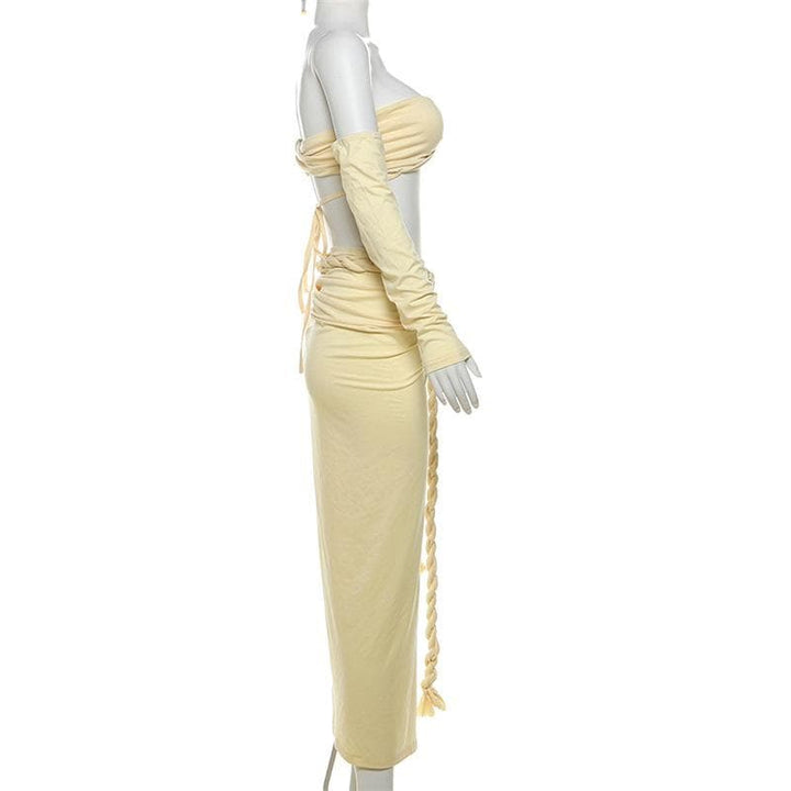Gloves one shoulder high slit self tie maxi skirt set-final-sale  | Festival Outfits Women