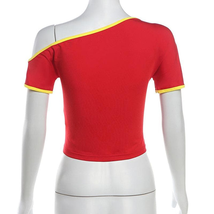 Short sleeve one shoulder “super star” print top  | Festival Outfits Women