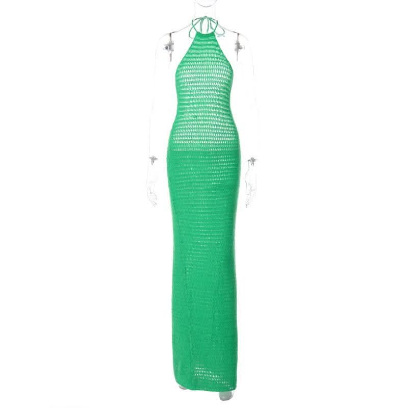 Crochet solid halter backless self tie maxi dress-final-sale  | Festival Outfits Women