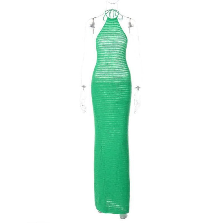 Crochet solid halter backless self tie maxi dress-final-sale  | Festival Outfits Women