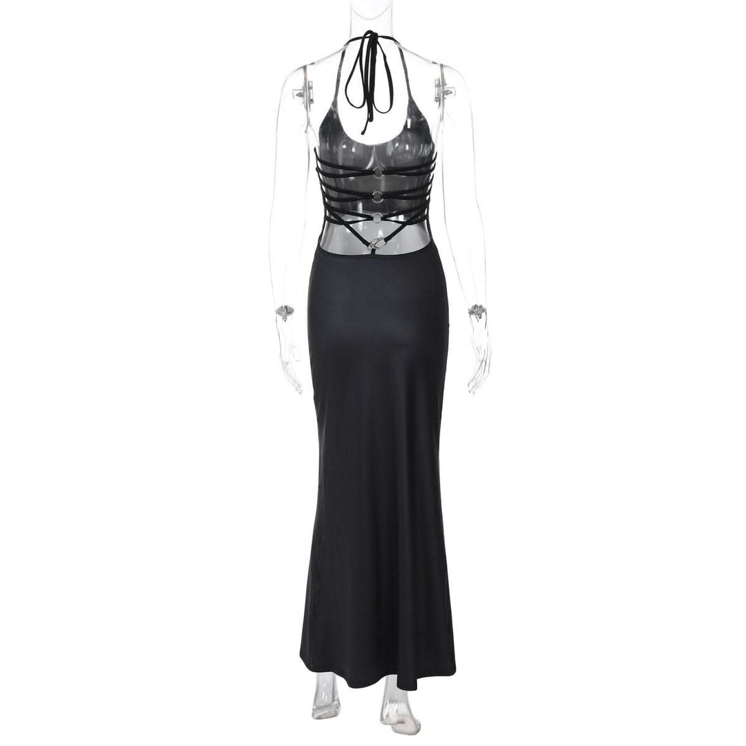 Halter self tie u neck body print o ring maxi dress  | Festival Outfits Women