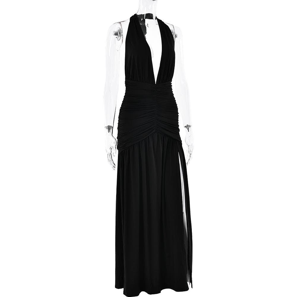 Halter deep v neck backless high slit maxi dress  | Festival Outfits Women