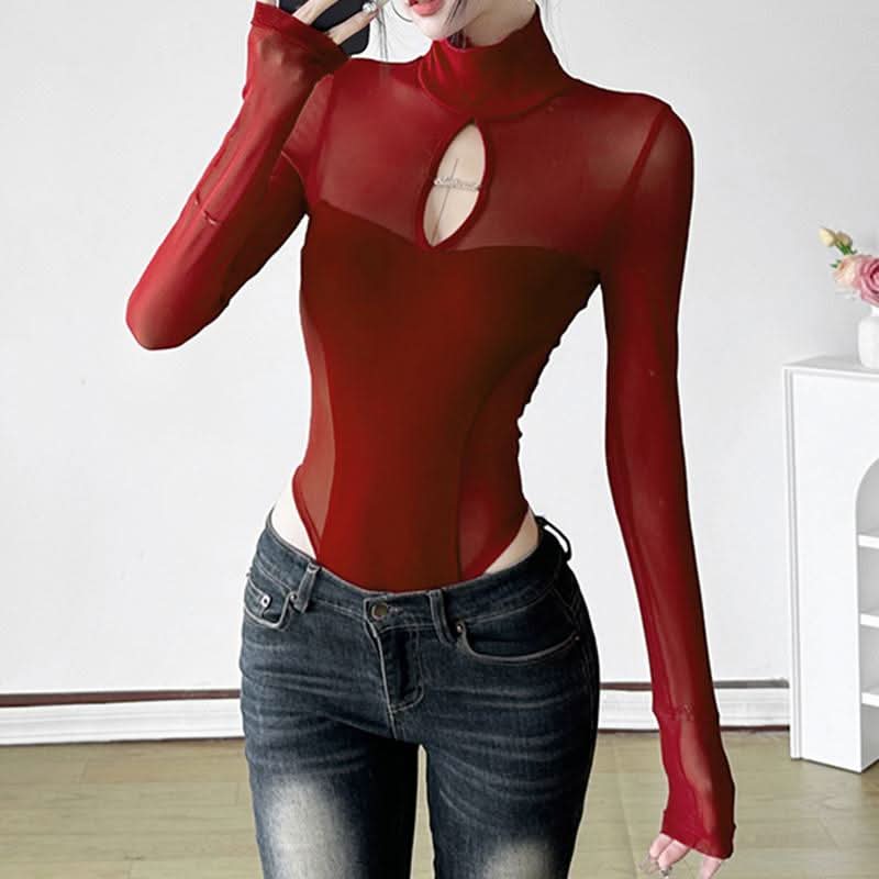 High neck long sleeve mesh hollow out bodysuit  | Festival Outfits Women
