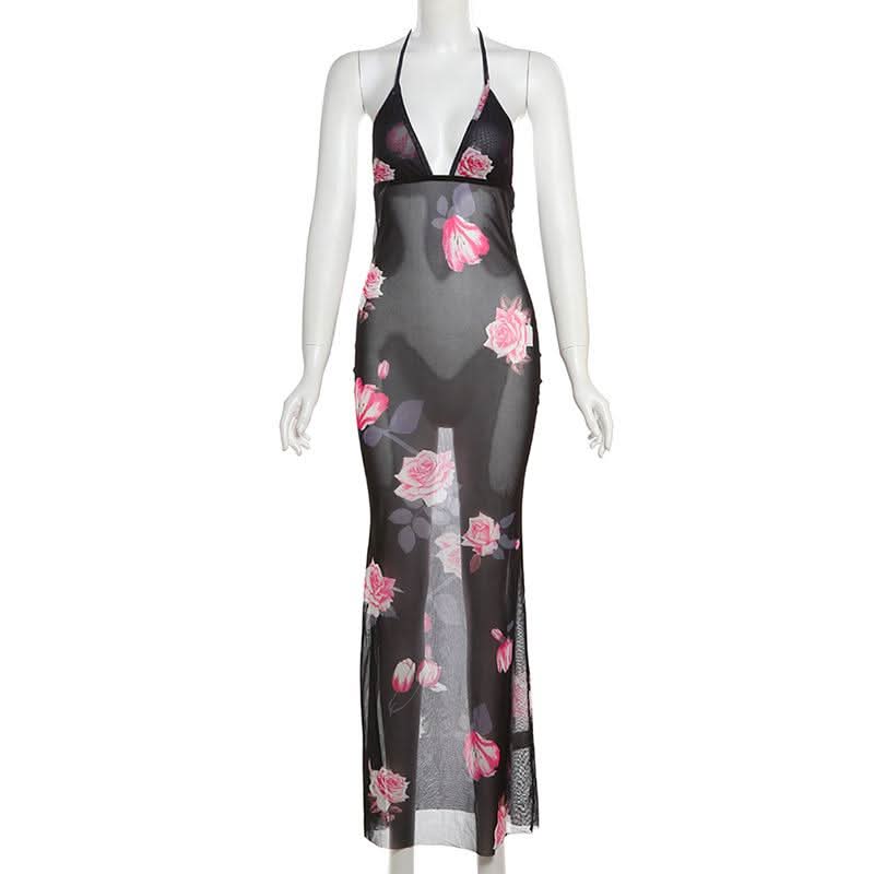 Halter v neck flower print see through maxi dress  | Festival Outfits Women