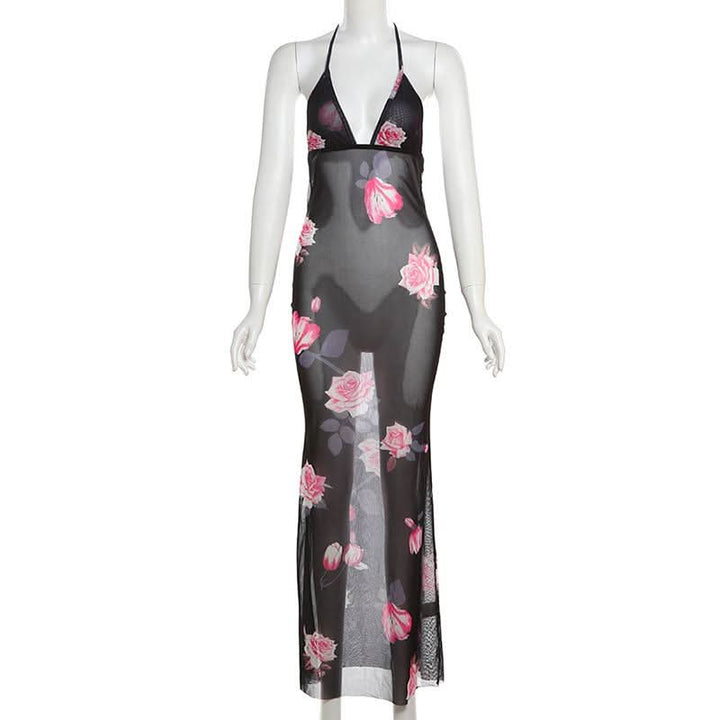 Halter v neck flower print see through maxi dress  | Festival Outfits Women