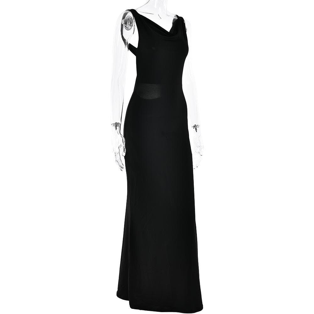 Cowl neck solid backless ruched hollow out cut out maxi dress  | Festival Outfits Women