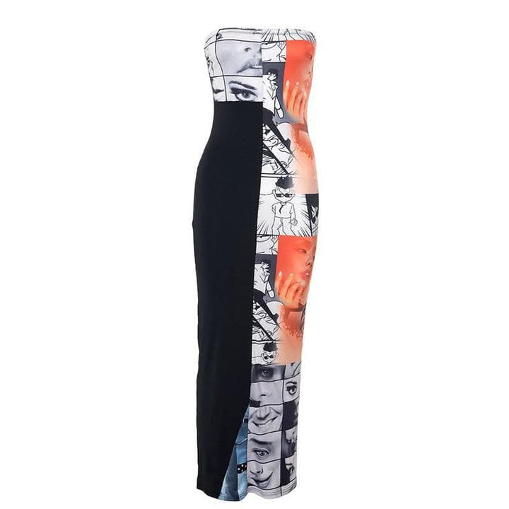 Abstract print contrast patchwork backless slit tube maxi dress-final-sale  | Festival Outfits Women