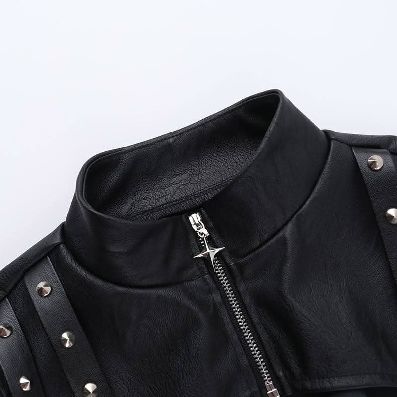 High neck PU leather zip-up hollow out shrug cut out top  | Festival Outfits Women
