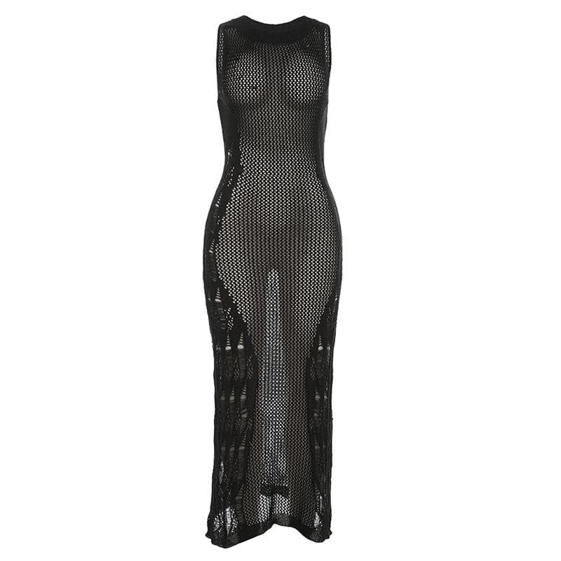 Crochet solid sleeveless see through round neck maxi dress-final-sale  | Festival Outfits Women