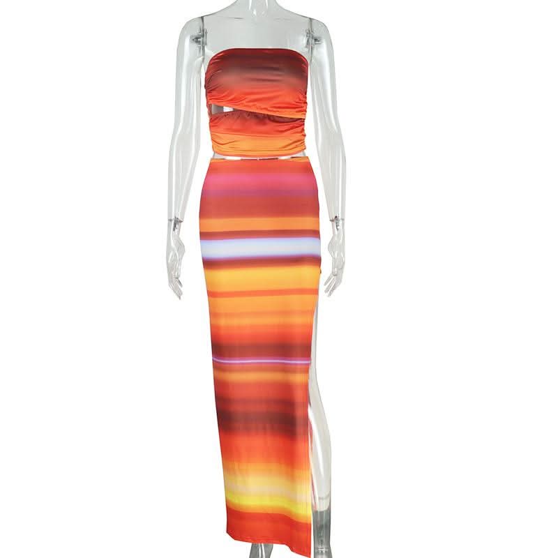 Ruched gradient striped hollow out slit maxi skirt set  | Festival Outfits Women