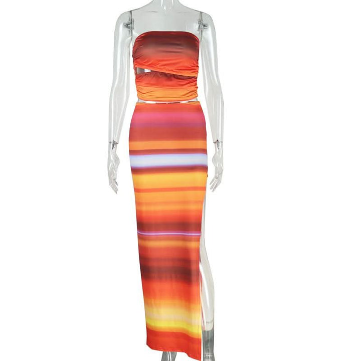 Ruched gradient striped hollow out slit maxi skirt set  | Festival Outfits Women