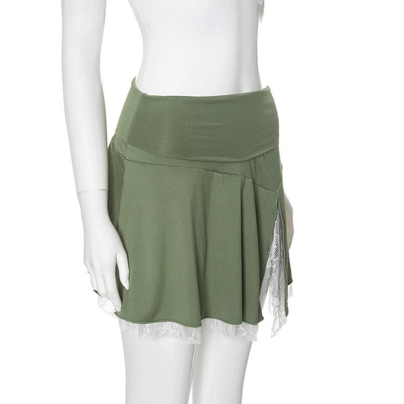 Lace hem slit A line stitch mini skirt  | Festival Outfits Women