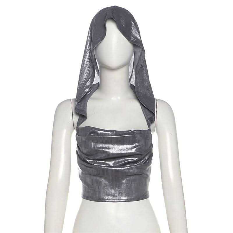 Hoodie metallic backless lace up crop top  | Festival Outfits Women-final-sale