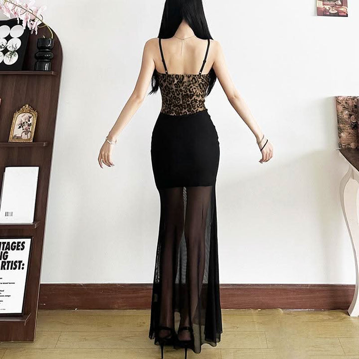 Leopard print mesh lace up cami maxi dress  | Festival Outfits Women