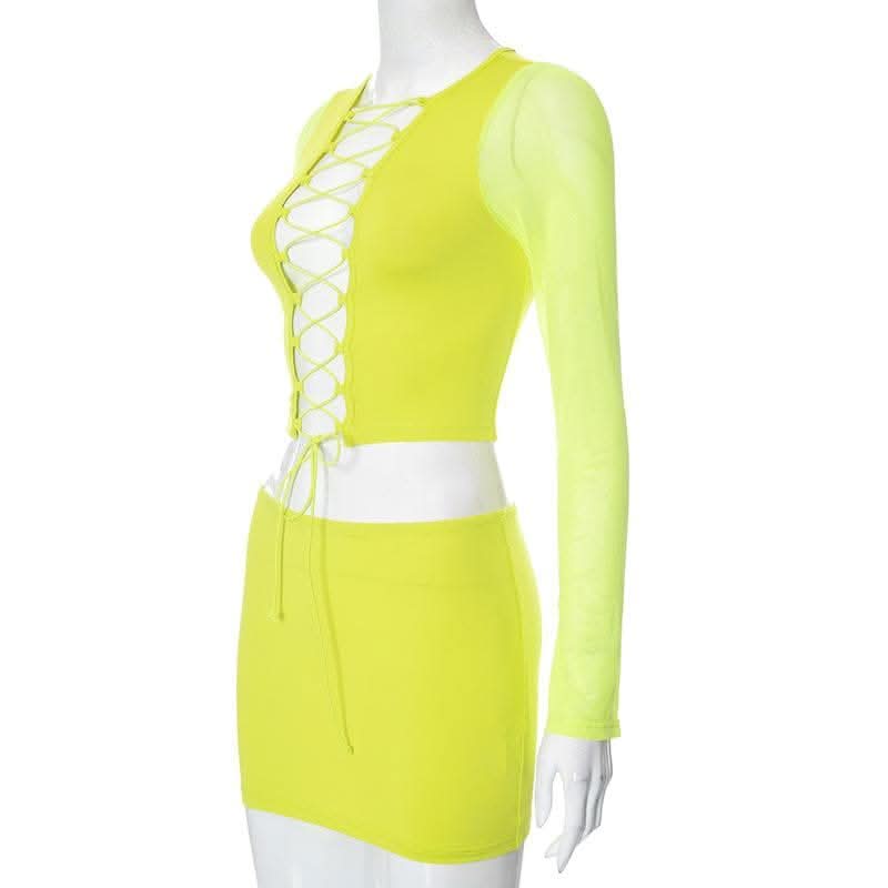 Long sleeve hollow out lace up mesh mini skirt set-final-sale  | Festival Outfits Women