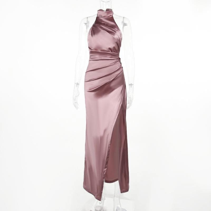 Ruched solid satin zip-up halter backless slit maxi dress-final-sale  | Festival Outfits Women