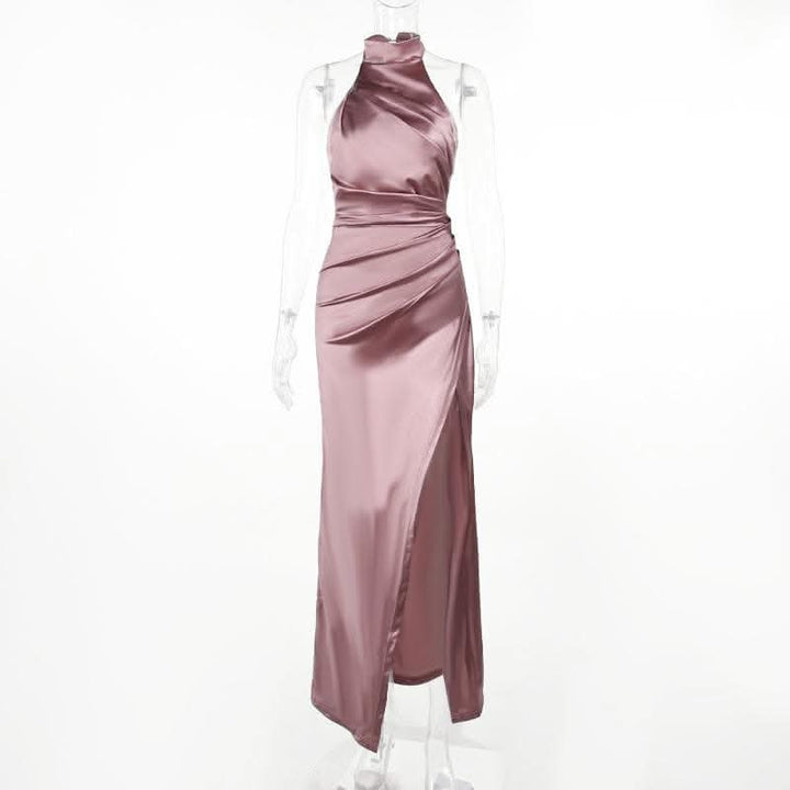 Ruched solid satin zip-up halter backless slit maxi dress-final-sale  | Festival Outfits Women
