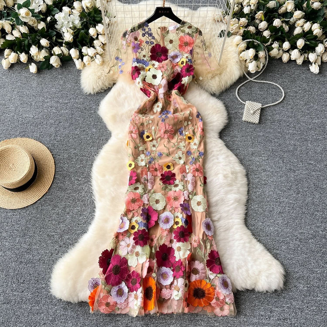 Crewneck short sleeve flower embroidery zip-up maxi dress  | Festival Outfits Women