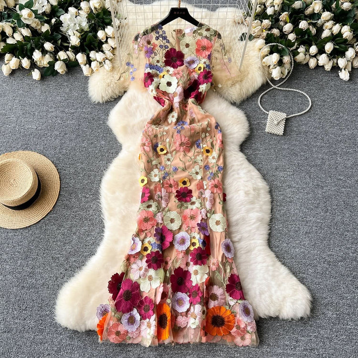 Crewneck short sleeve flower embroidery zip-up maxi dress  | Festival Outfits Women