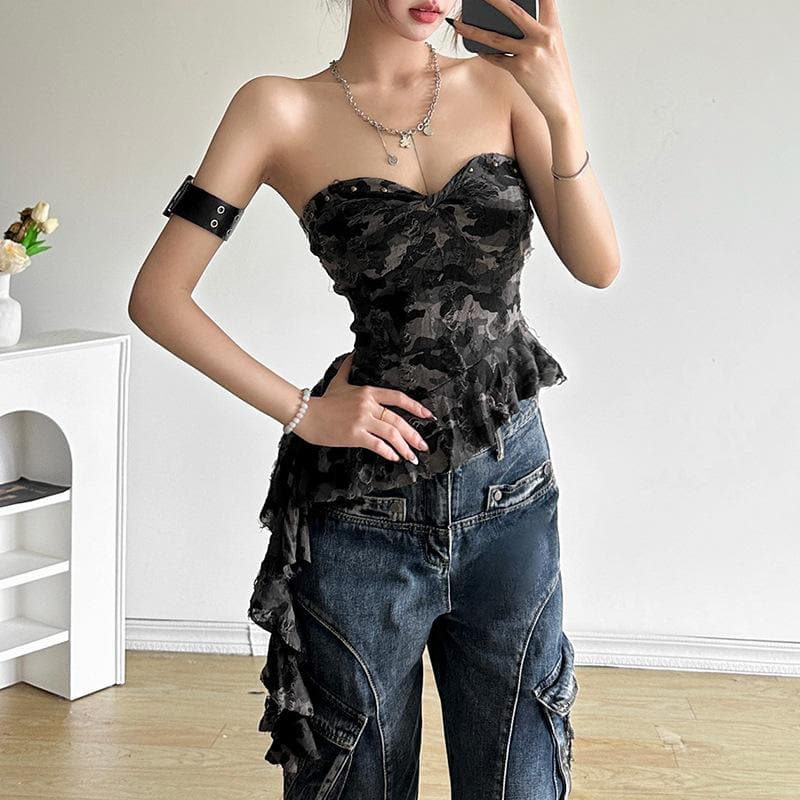 Irregular ruffled sweetheart neck camouflage backless tube top  | Festival Outfits Women-final-sale