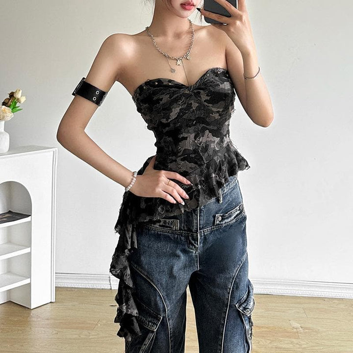 Irregular ruffled sweetheart neck camouflage backless tube top  | Festival Outfits Women-final-sale