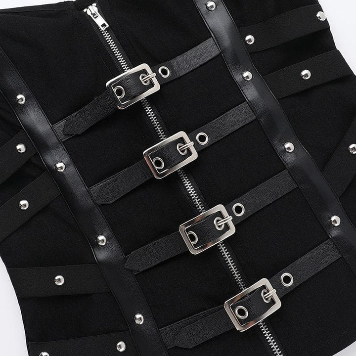 PU leather patchwork buckle zip-up tube top  | Festival Outfits Women